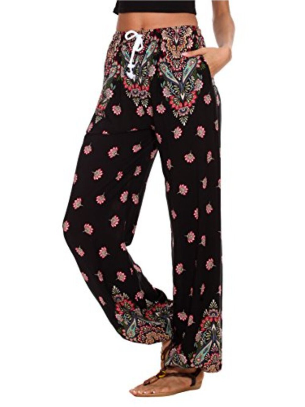 Floral Print Harem Pants Elastic Smocked Waist Cuffed Ankle Yoga Beach